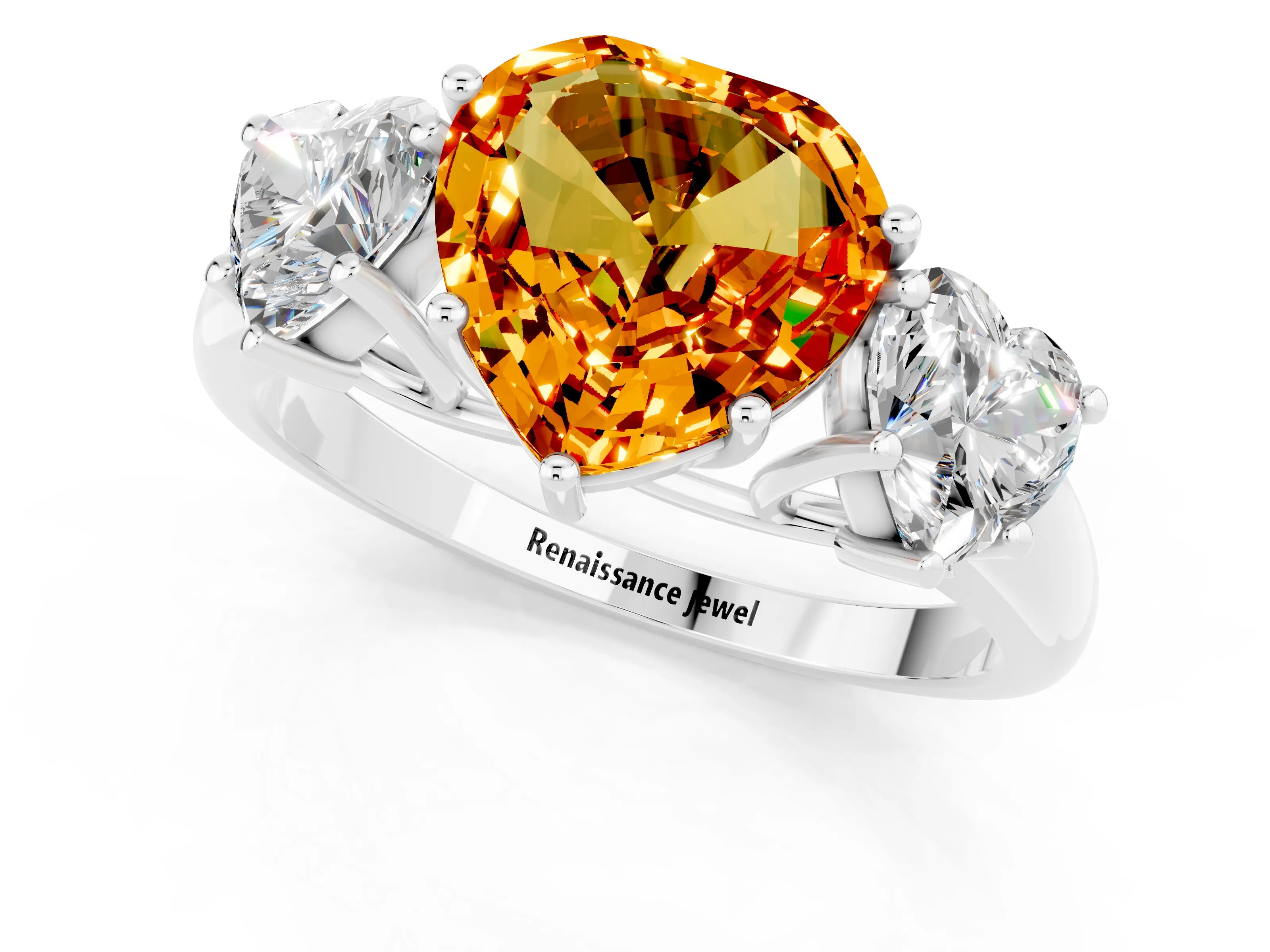 White gold Three-Stone Heart Cut Citrine Engagement Ring with Prong Setting_1