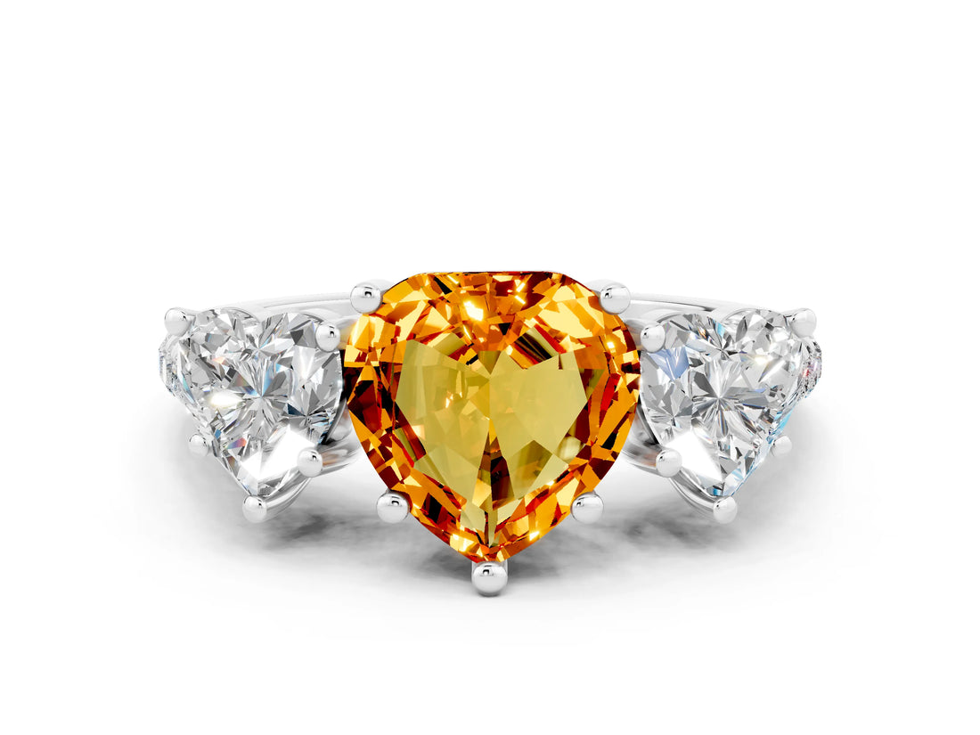 White gold Three-Stone Heart Cut Citrine Ring with Pavé Band and Prong Setting_12