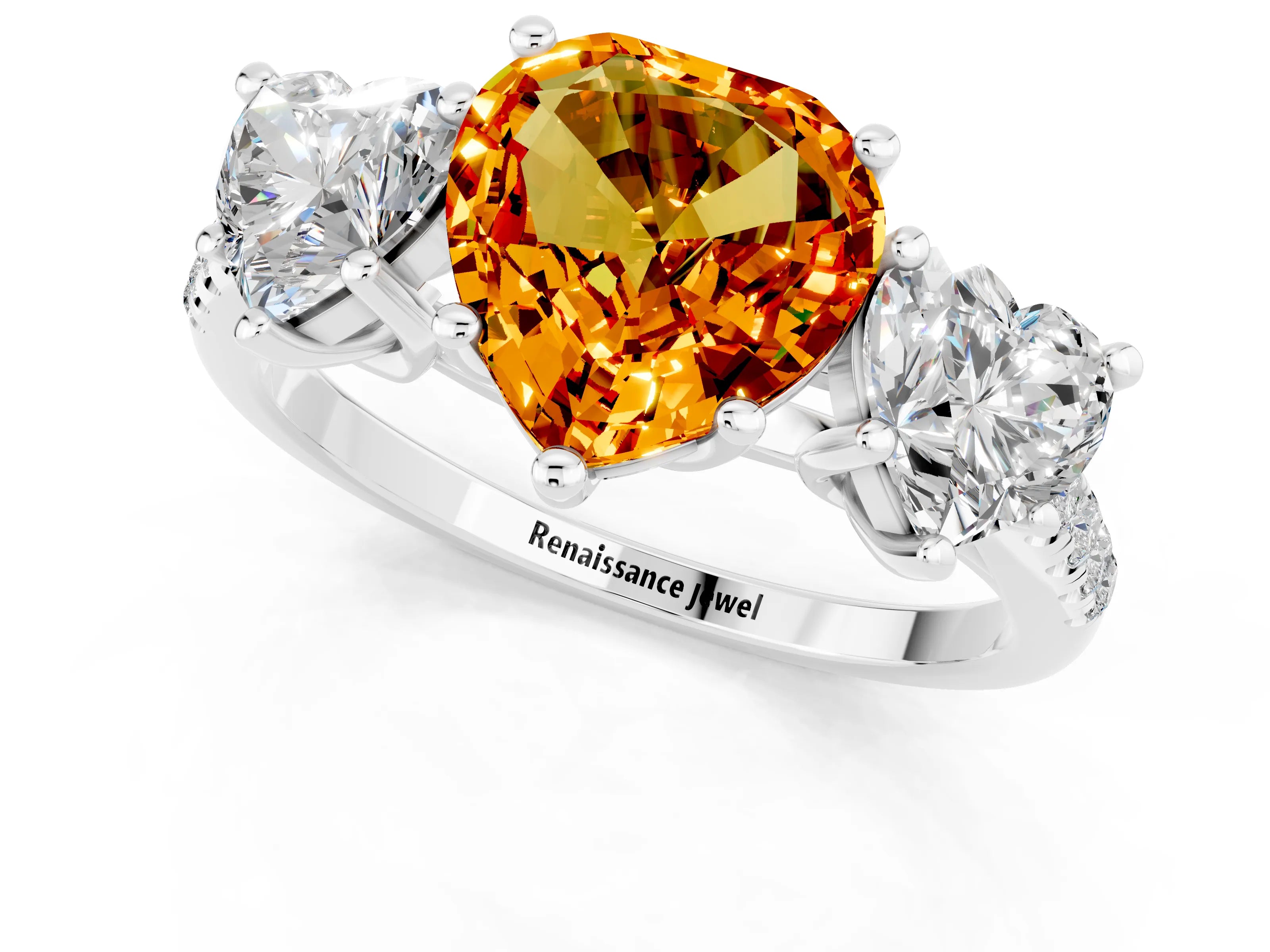 White gold Three-Stone Heart Cut Citrine Ring with Pavé Band and Prong Setting_13