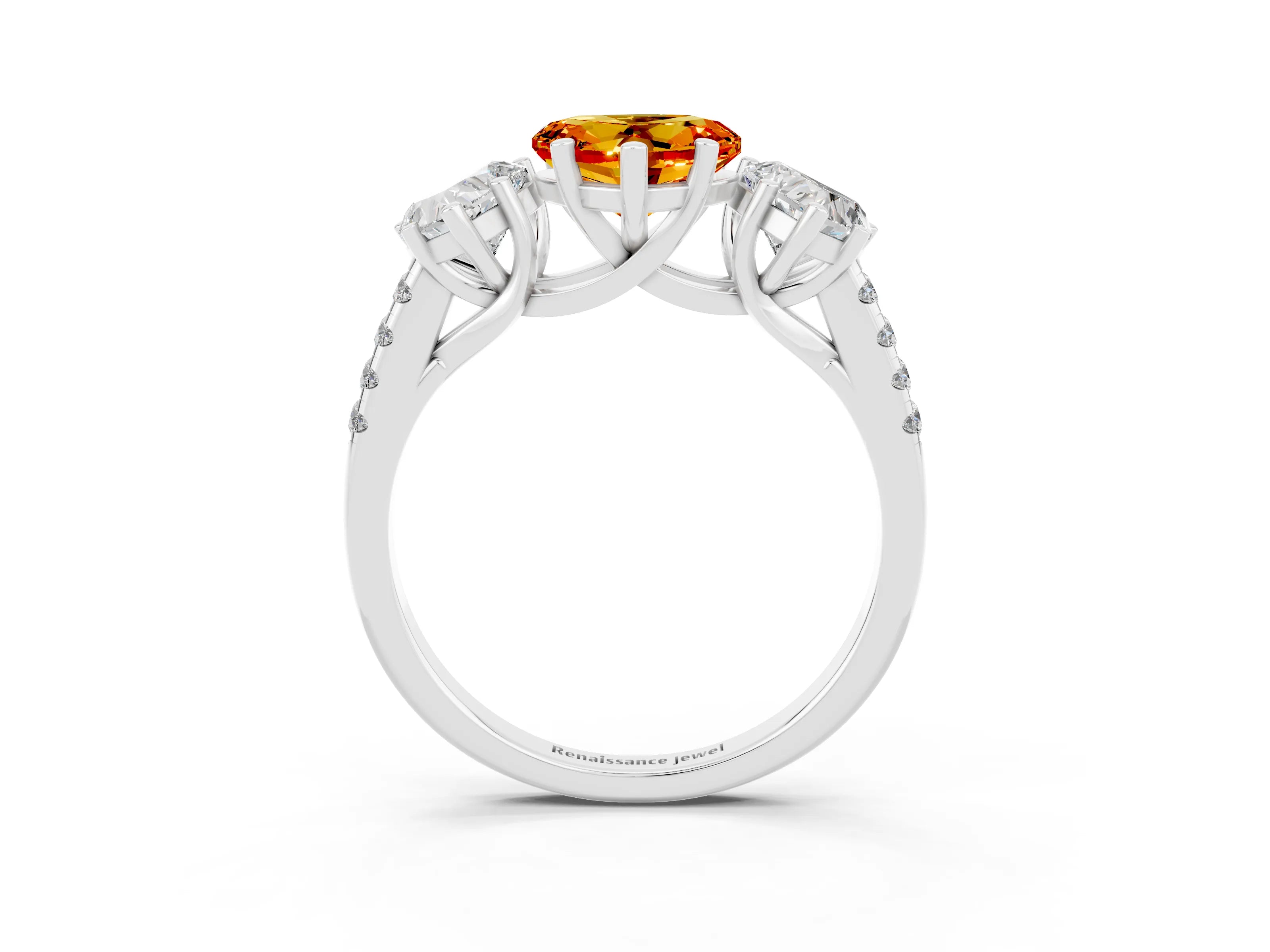 White gold Three-Stone Heart Cut Citrine Ring with Pavé Band and Prong Setting_15