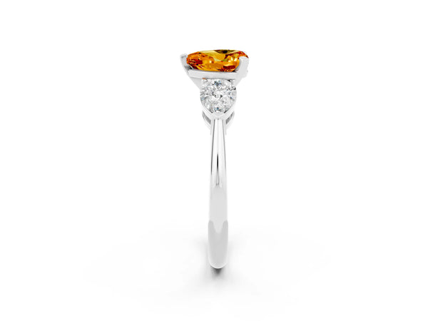 White gold Three-Stone Heart Cut Citrine Ring with Pear Side Stones and Four-Prong Setting