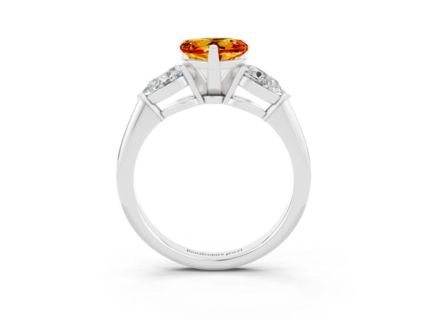 Silver Three-Stone Heart Cut Citrine Ring with Pear Side Stones and Four-Prong Setting