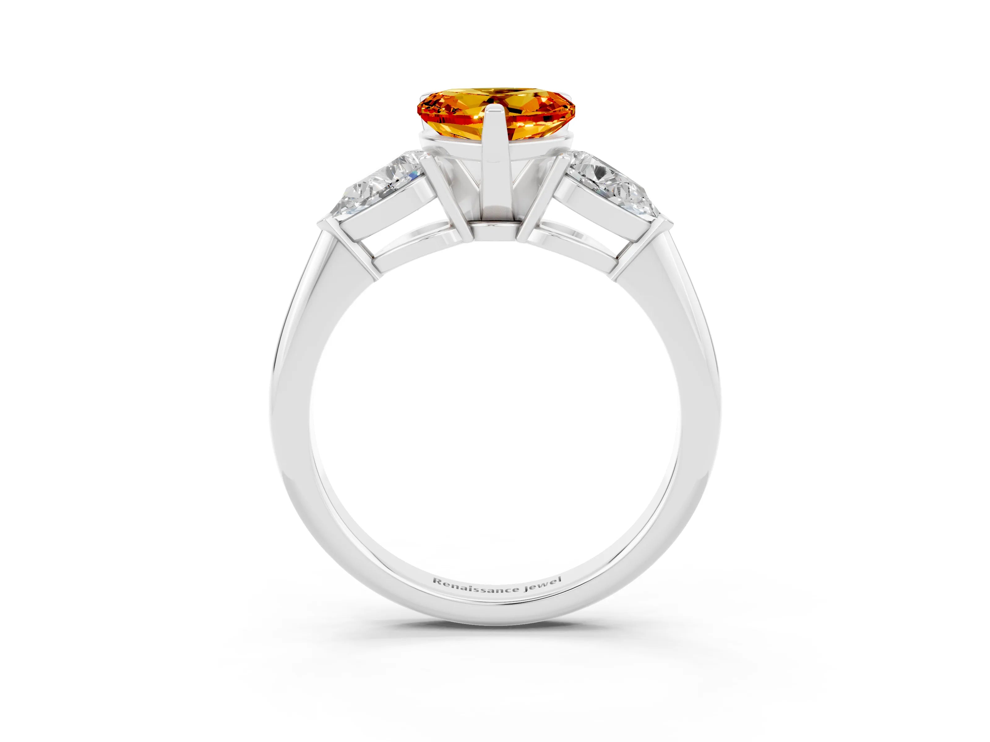 White gold Three-Stone Heart Cut Citrine Ring with Pear Side Stones and Four-Prong Setting_3