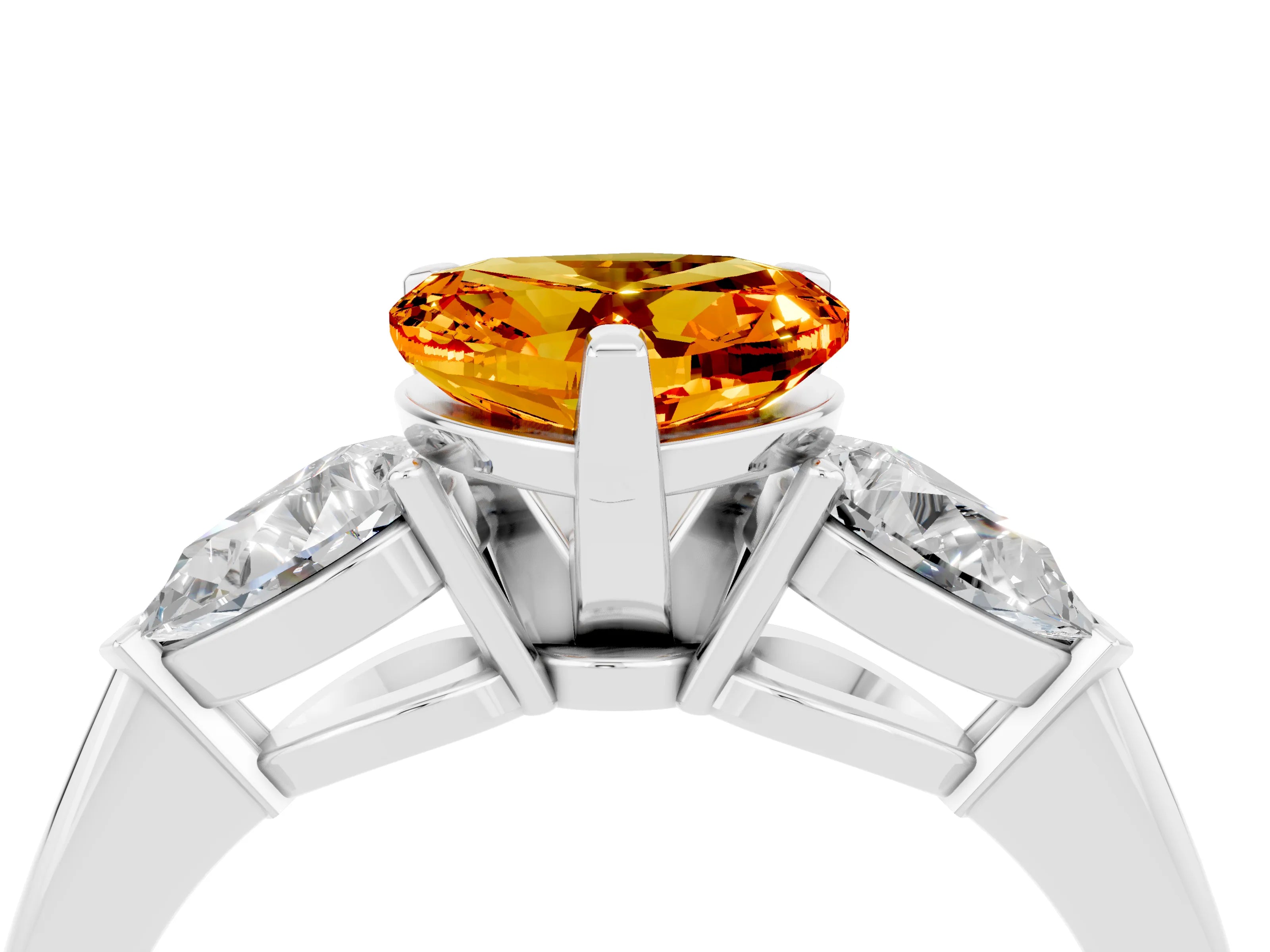White gold Three-Stone Heart Cut Citrine Ring with Pear Side Stones and Four-Prong Setting_4