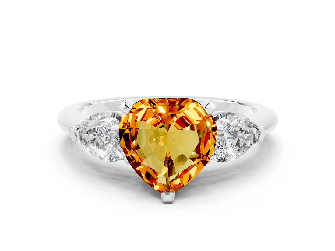 White gold Three-Stone Heart Cut Citrine Ring with Pear Side Stones and Four-Prong Setting