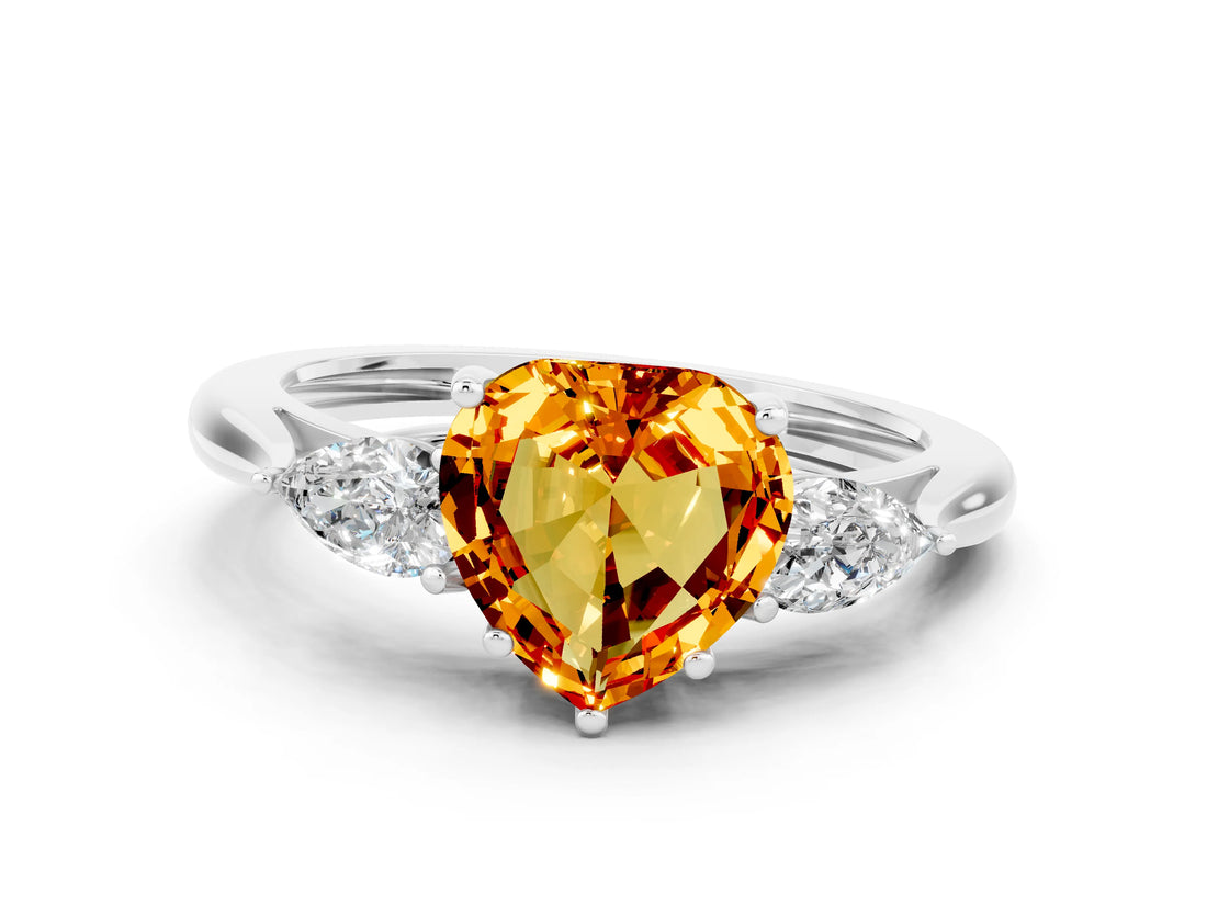 White gold Three-Stone Heart Cut Citrine Ring with Pear  Side Stones in Four-Prong Setting_12