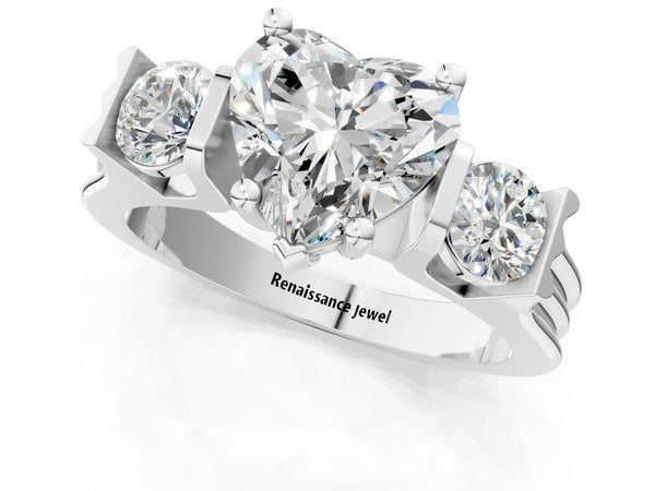 White gold Three-Stone Heart Cut Classic Band Prong Setting Ring