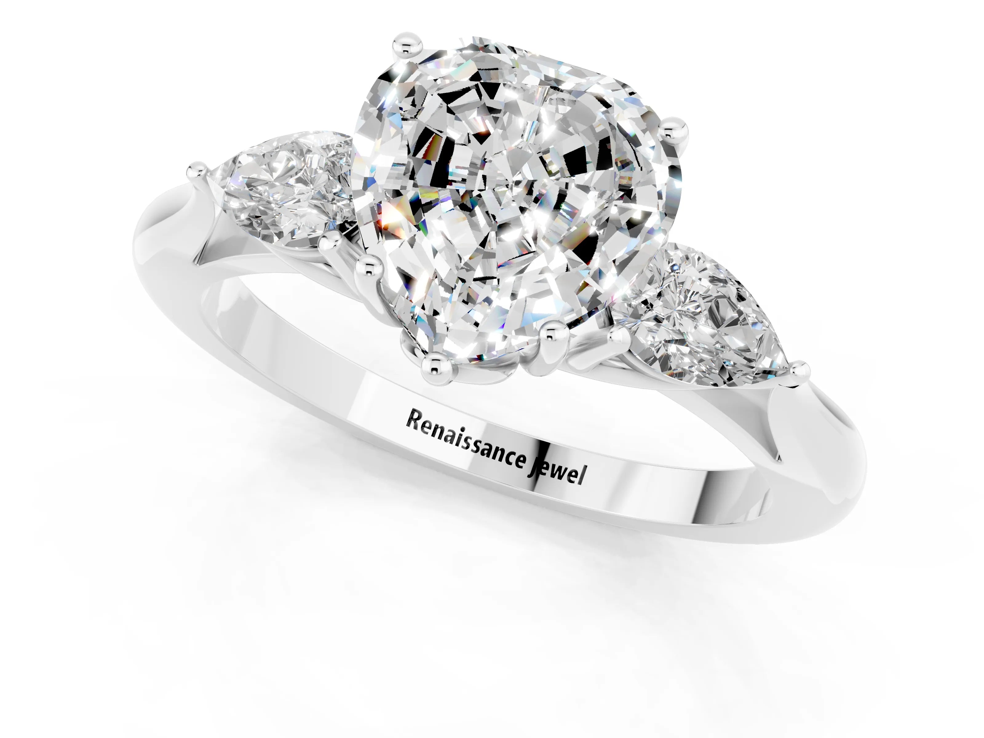 White gold Three-Stone Heart Cut Cut Diamond Ring with Pear Side Stones in Four-Prong Setting_1