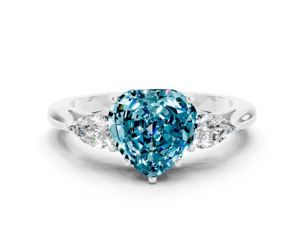 Platinum Three-Stone Heart Cut Cut Diamond Ring with Pear Side Stones in Four-Prong Setting
