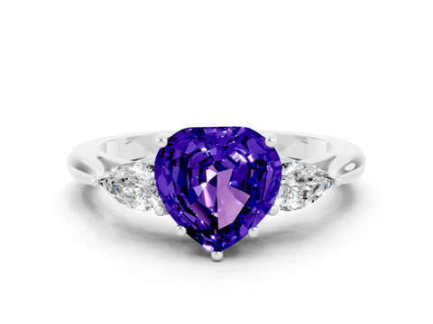 White gold Three-Stone Heart Cut Cut Diamond Ring with Pear Side Stones in Four-Prong Setting
