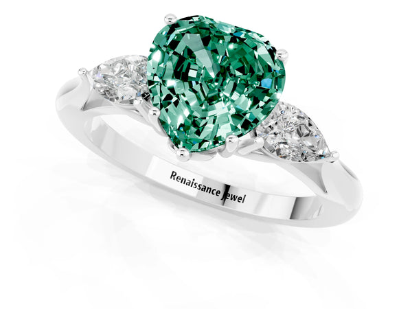 White gold Three-Stone Heart Cut Green Sapphire Ring with Pear  Side Stones in Four-Prong Setting