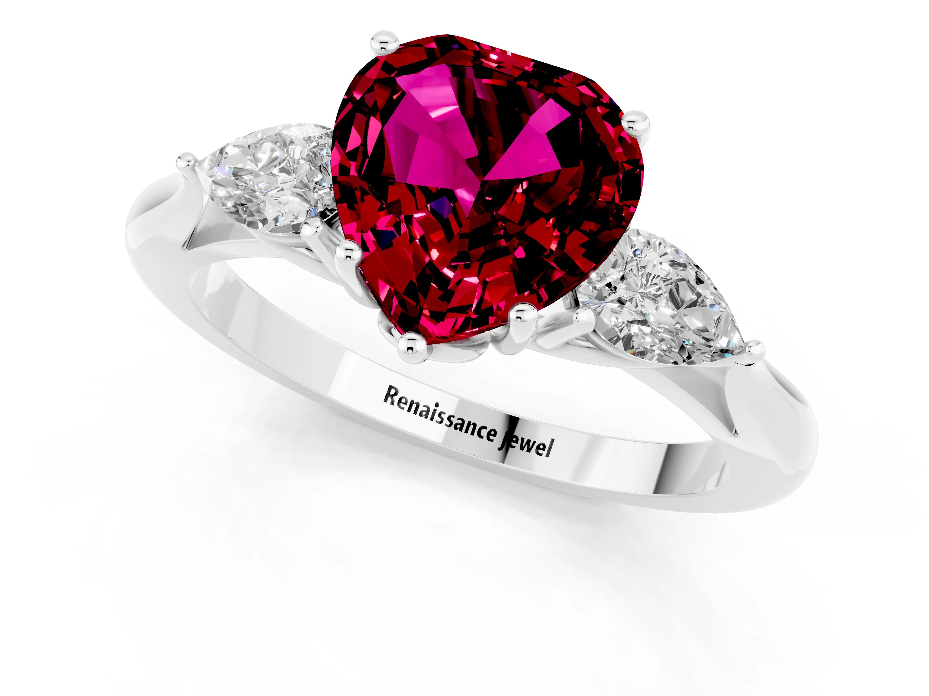 White gold Three-Stone Heart Cut Cut Diamond Ring with Pear Side Stones in Four-Prong Setting_1