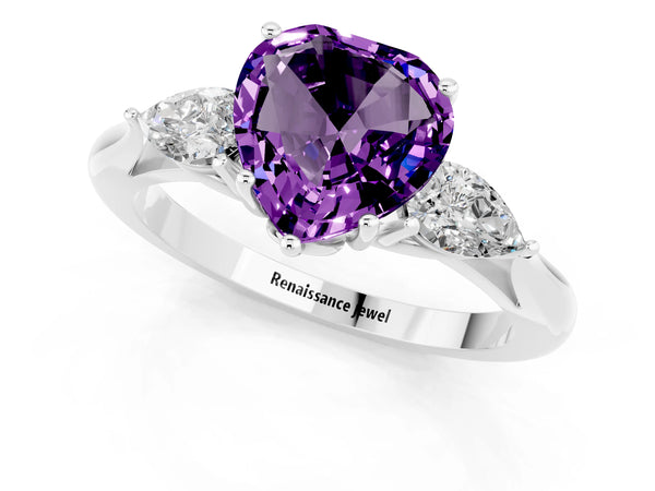 Silver Three-Stone Heart Cut Amethyst Ring with Pear  Side Stones in Four-Prong Setting