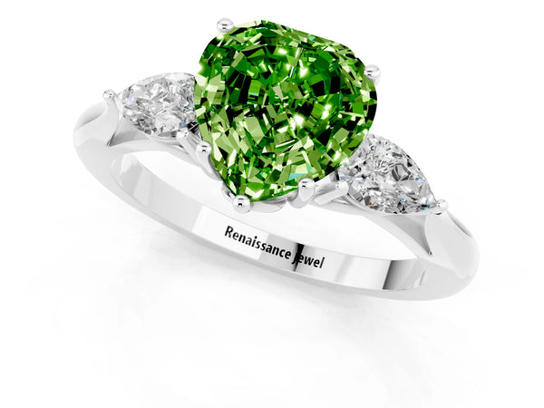 Silver Three-Stone Heart Cut Cut Diamond Ring with Pear Side Stones in Four-Prong Setting
