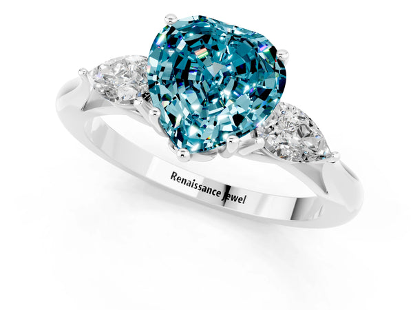White gold Three-Stone Heart Cut Cut Diamond Ring with Pear Side Stones in Four-Prong Setting