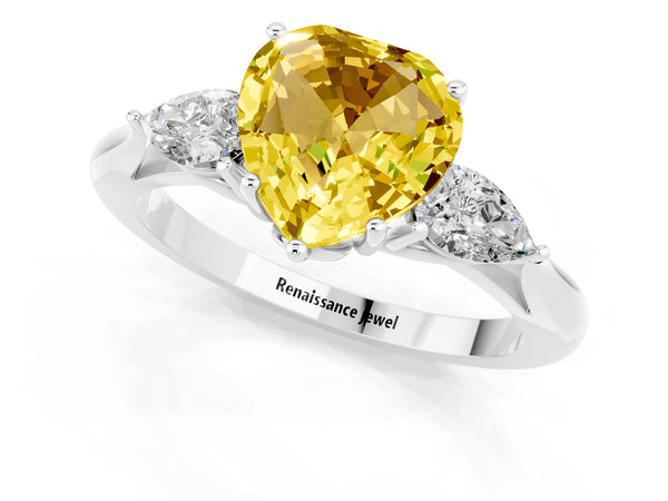 Silver Three-Stone Heart Cut Yellow Sapphire Ring with Pear  Side Stones in Four-Prong Setting