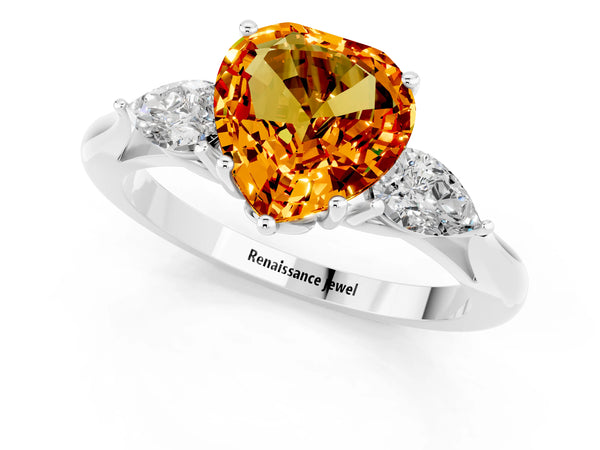 Silver Three-Stone Heart Cut Citrine Ring with Pear  Side Stones in Four-Prong Setting