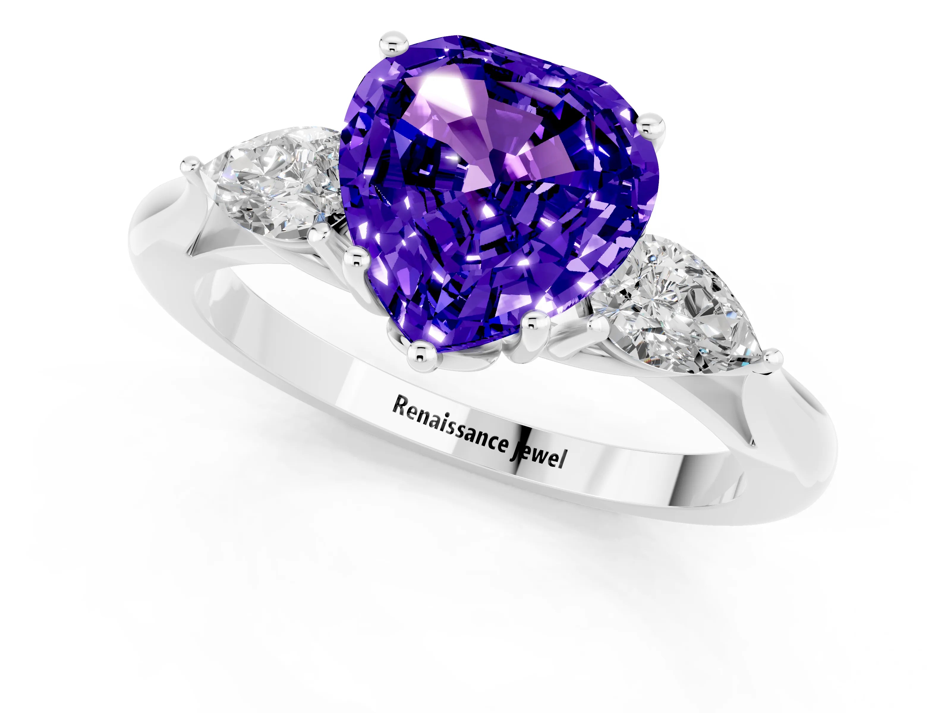 White gold Three-Stone Heart Cut Cut Diamond Ring with Pear Side Stones in Four-Prong Setting_1