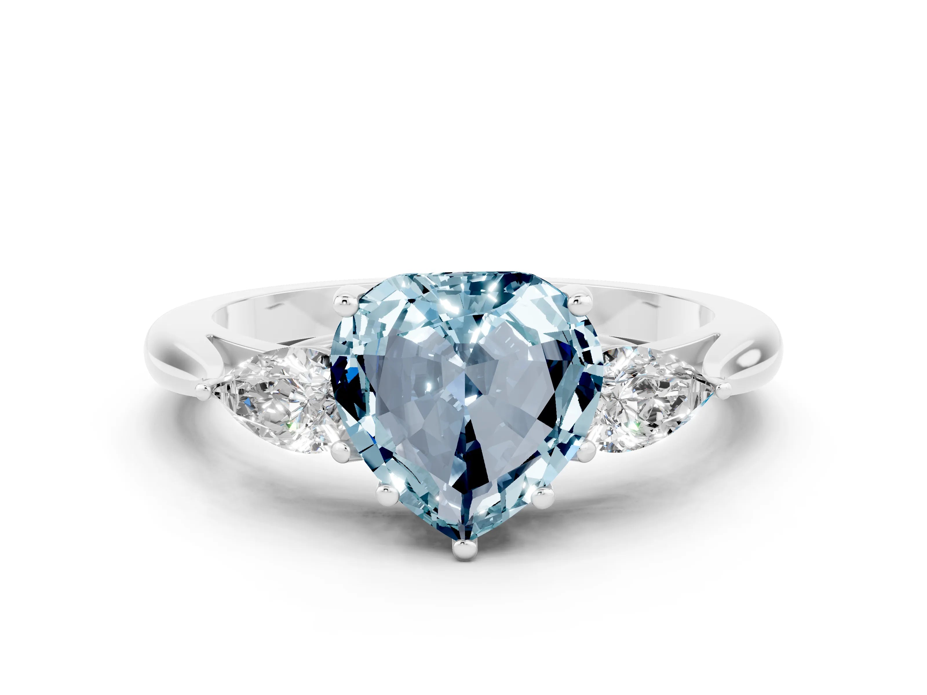 White gold Three-Stone Heart Cut Cut Diamond Ring with Pear Side Stones in Four-Prong Setting