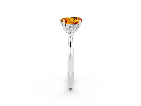 Platinum Three-Stone Heart Cut Citrine Ring with Pear  Side Stones in Four-Prong Setting