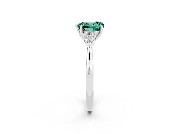 Silver Three-Stone Heart Cut Green Sapphire Ring with Pear  Side Stones in Four-Prong Setting