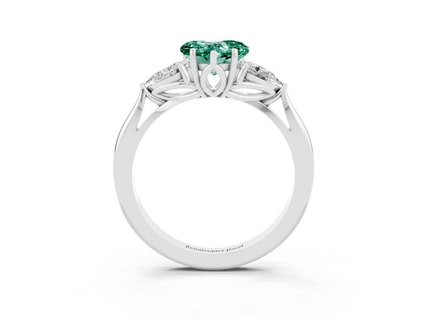 Platinum Three-Stone Heart Cut Green Sapphire Ring with Pear  Side Stones in Four-Prong Setting
