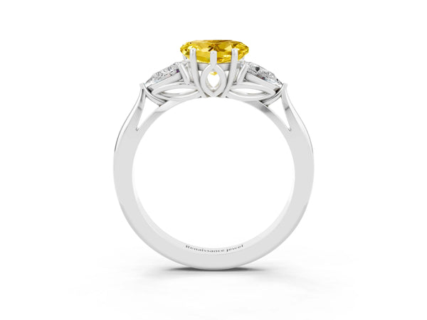 Silver Three-Stone Heart Cut Yellow Sapphire Ring with Pear  Side Stones in Four-Prong Setting