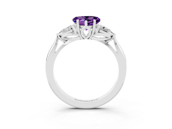 Silver Three-Stone Heart Cut Amethyst Ring with Pear  Side Stones in Four-Prong Setting