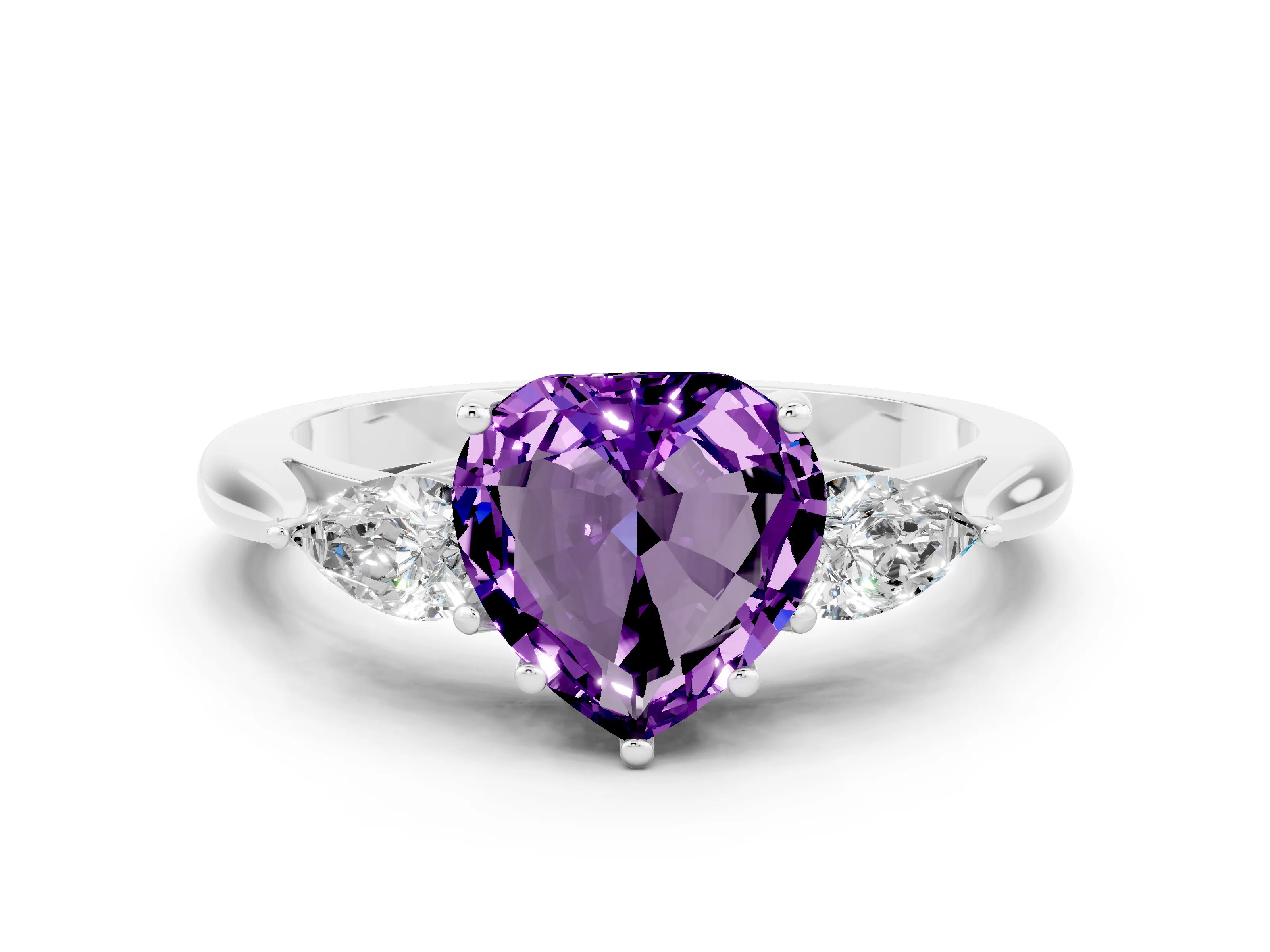 White gold Three-Stone Heart Cut Cut Diamond Ring with Pear Side Stones in Four-Prong Setting