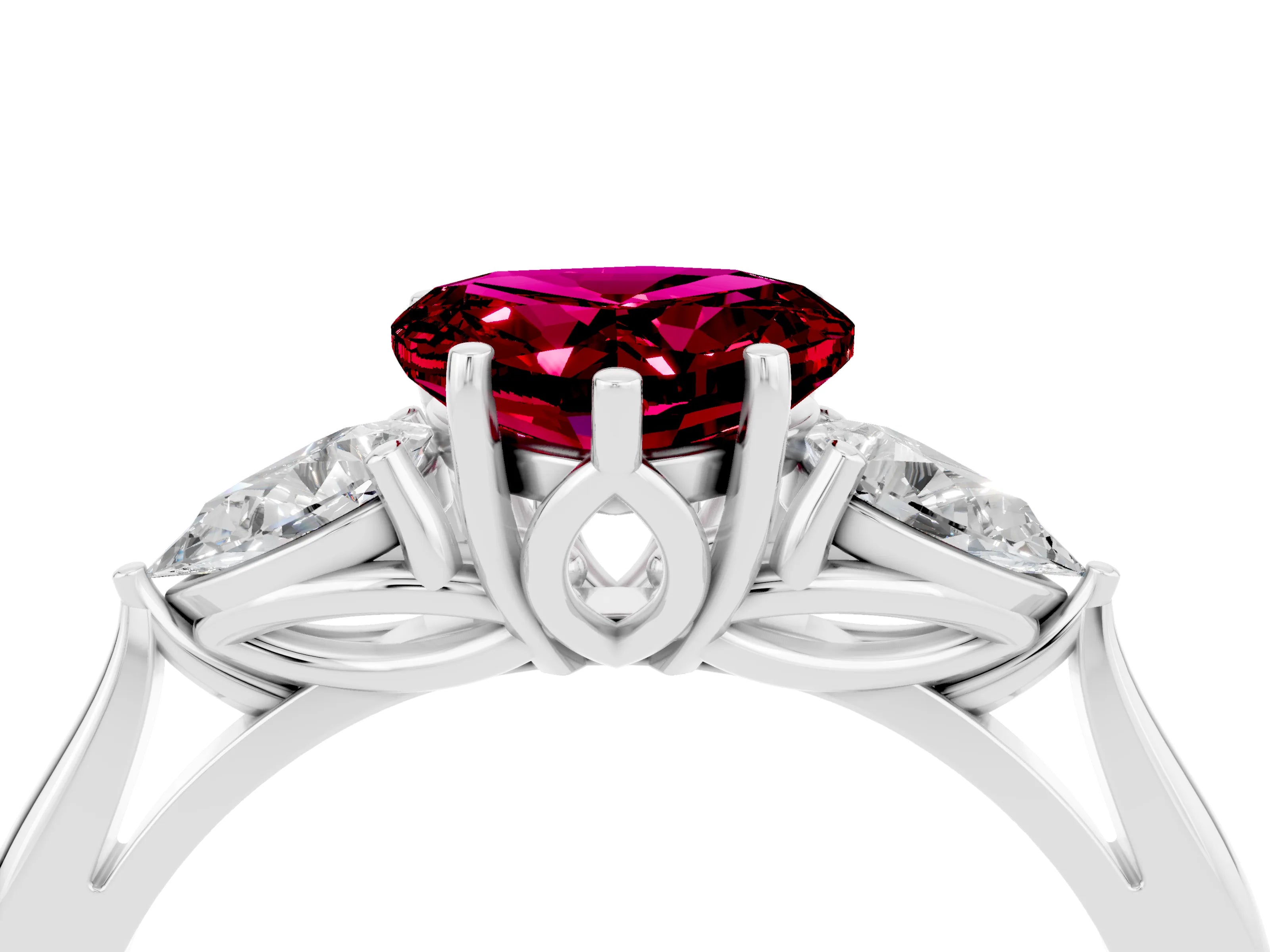 White gold Three-Stone Heart Cut Cut Diamond Ring with Pear Side Stones in Four-Prong Setting_4