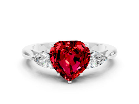 White gold Three-Stone Heart Cut Cut Diamond Ring with Pear Side Stones in Four-Prong Setting