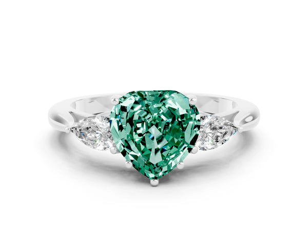 Silver Three-Stone Heart Cut Green Sapphire Ring with Pear  Side Stones in Four-Prong Setting