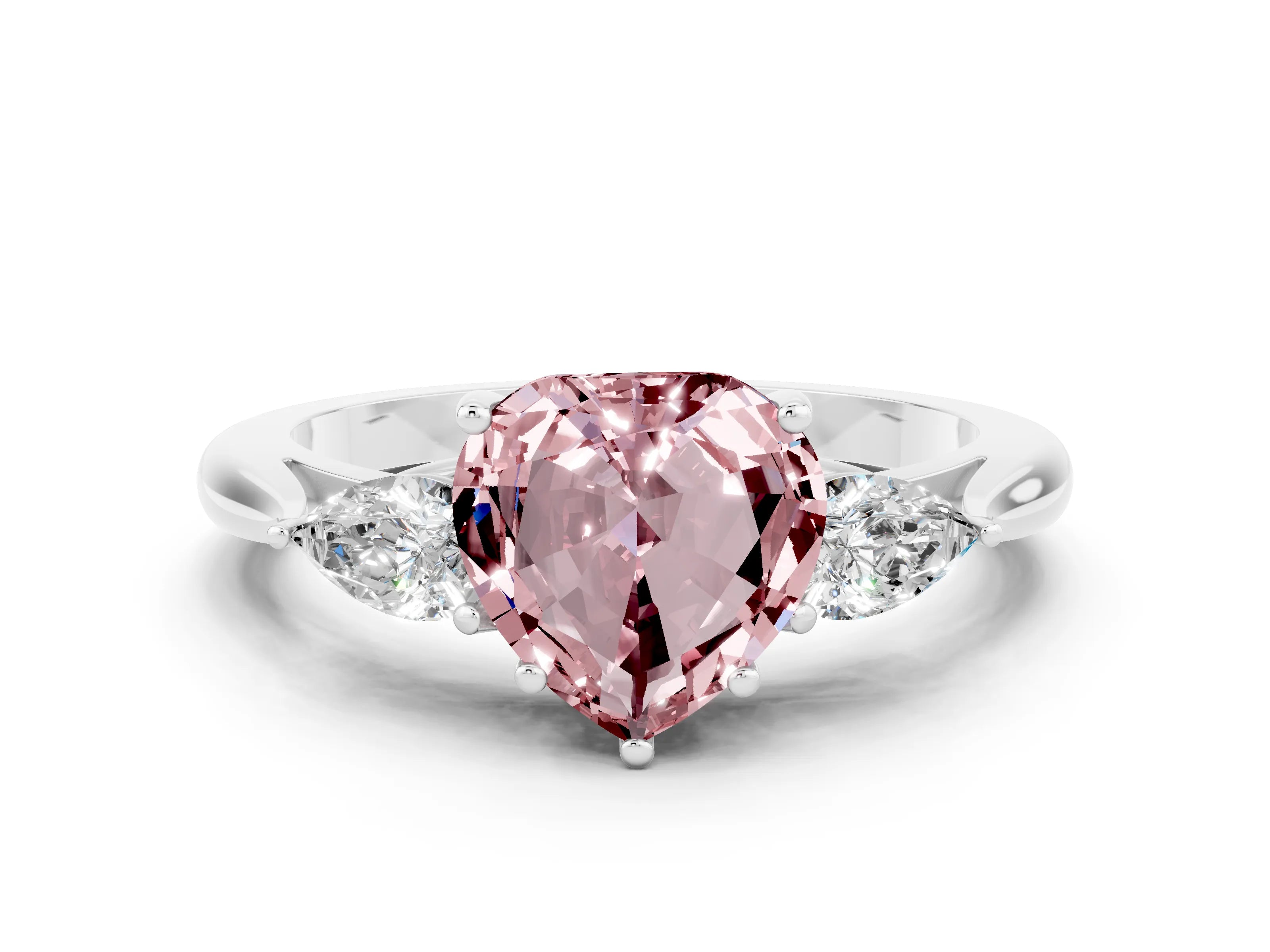 White gold Three-Stone Heart Cut Cut Diamond Ring with Pear Side Stones in Four-Prong Setting