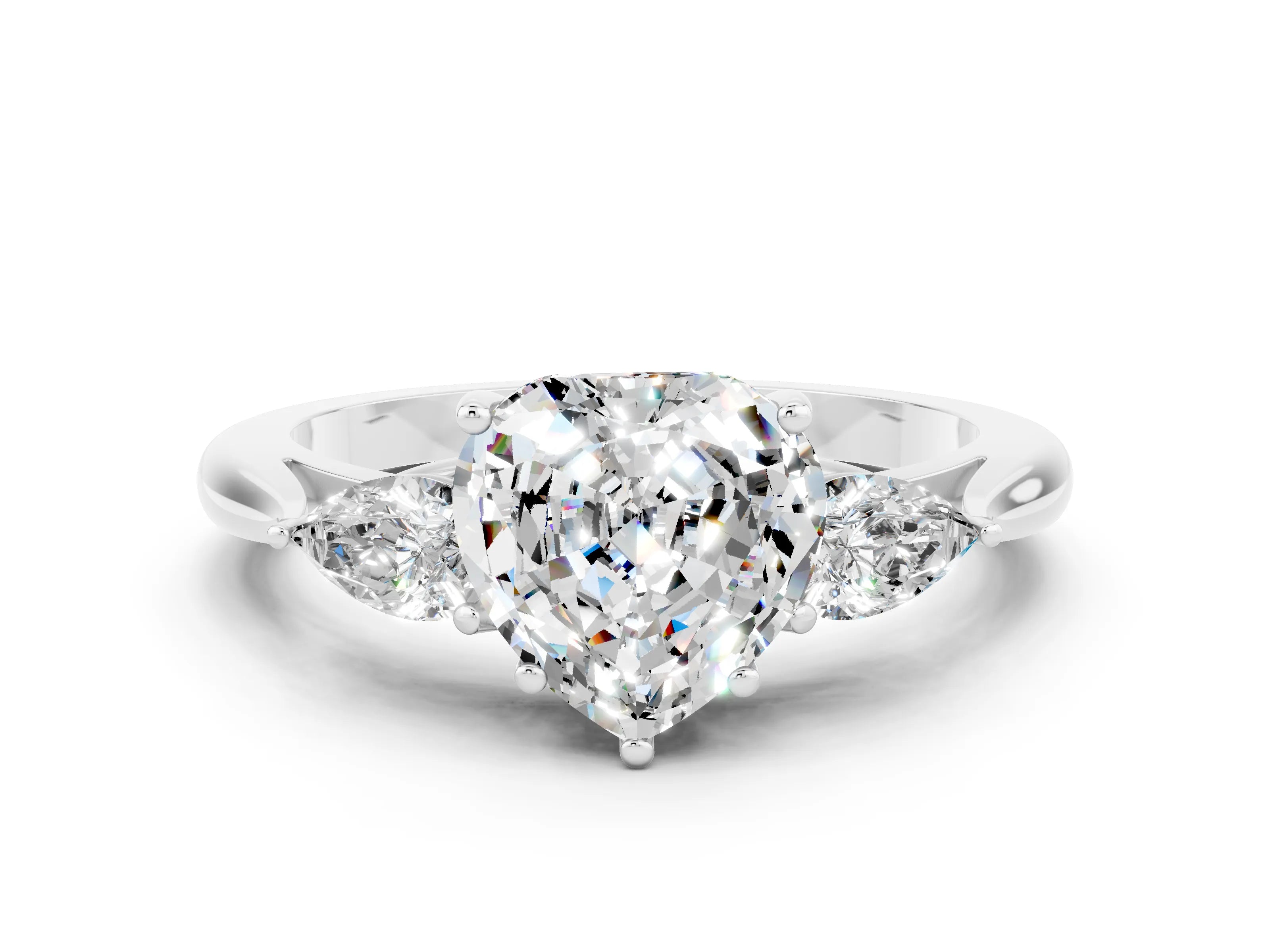 White gold Three-Stone Heart Cut Cut Diamond Ring with Pear Side Stones in Four-Prong Setting