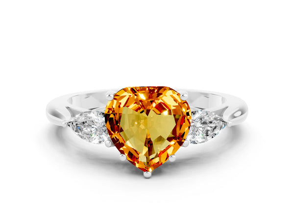 Platinum Three-Stone Heart Cut Citrine Ring with Pear  Side Stones in Four-Prong Setting
