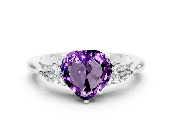 Silver Three-Stone Heart Cut Amethyst Ring with Pear  Side Stones in Four-Prong Setting