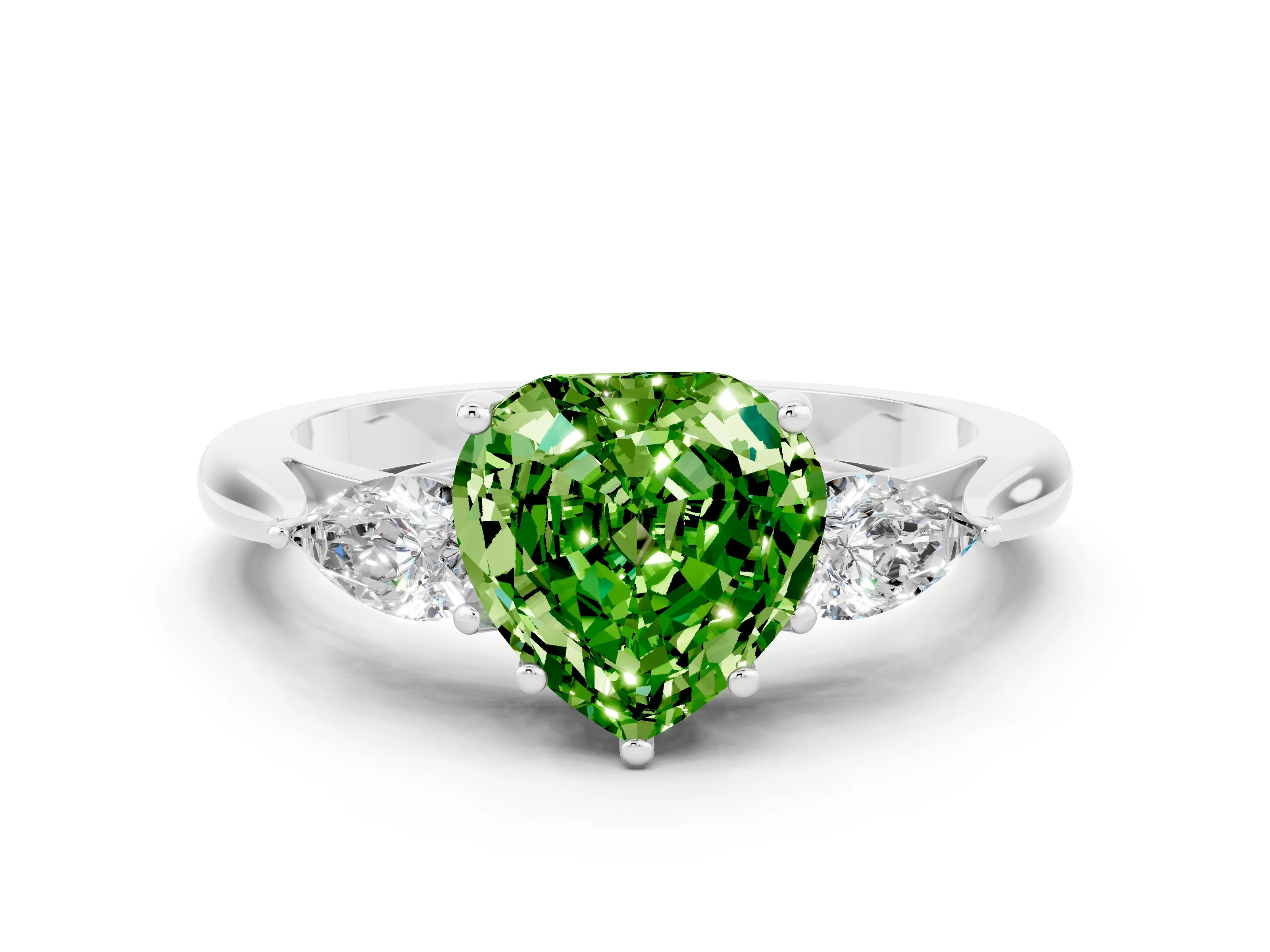 White gold Three-Stone Heart Cut Cut Diamond Ring with Pear Side Stones in Four-Prong Setting