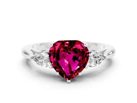 White gold Three-Stone Heart Cut Cut Diamond Ring with Pear Side Stones in Four-Prong Setting