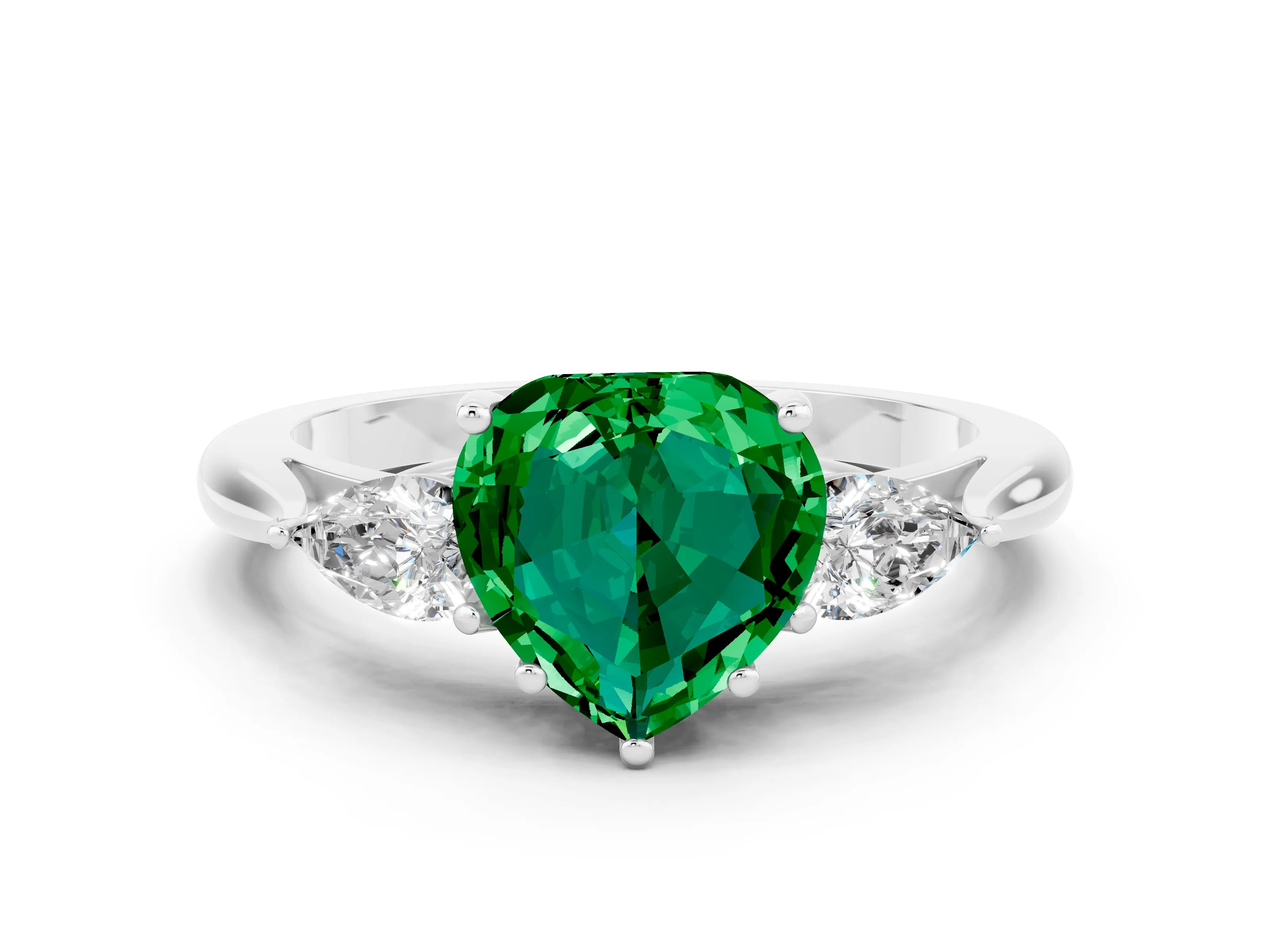 White gold Three-Stone Heart Cut Cut Diamond Ring with Pear Side Stones in Four-Prong Setting