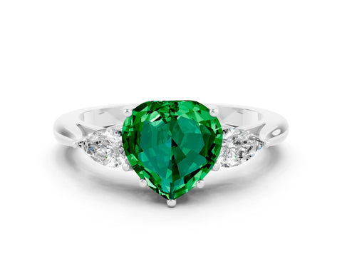 White gold Three-Stone Heart Cut Cut Diamond Ring with Pear Side Stones in Four-Prong Setting
