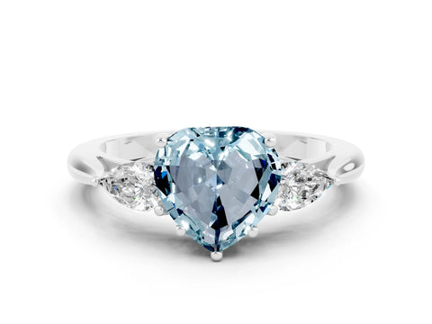 White gold Three-Stone Heart Cut Cut Diamond Ring with Pear Side Stones in Four-Prong Setting