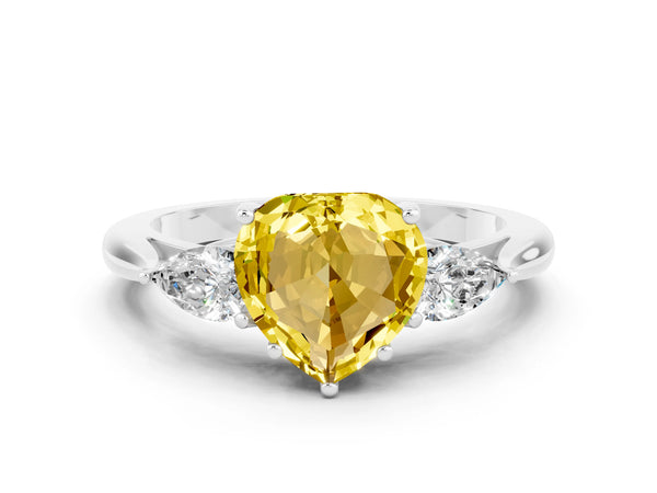 Silver Three-Stone Heart Cut Yellow Sapphire Ring with Pear  Side Stones in Four-Prong Setting