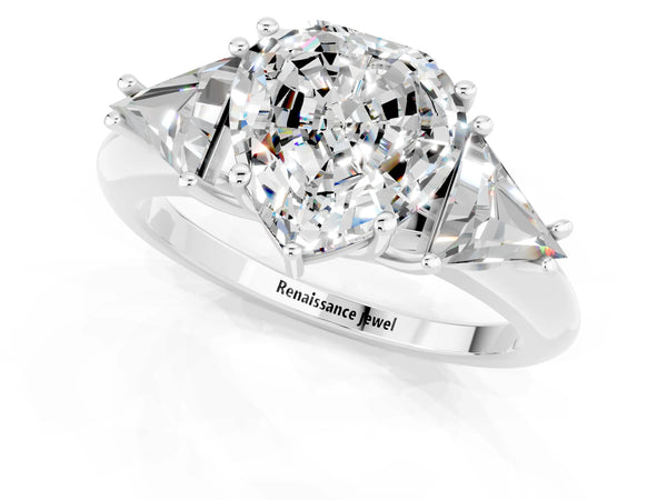 Platinum Three-Stone Heart Cut Moissanite Engagement Ring with Trillion Side Stones and Prong Setting