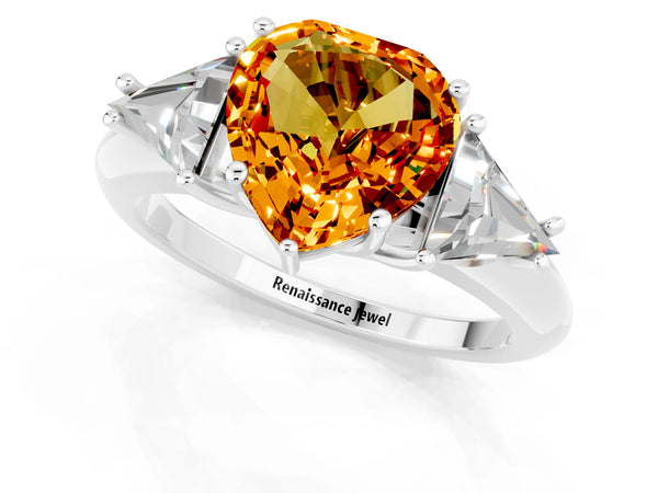 Platinum Three-Stone Heart Cut Cut Diamond Ring with Trillion Side Stones and Four-Prong Setting