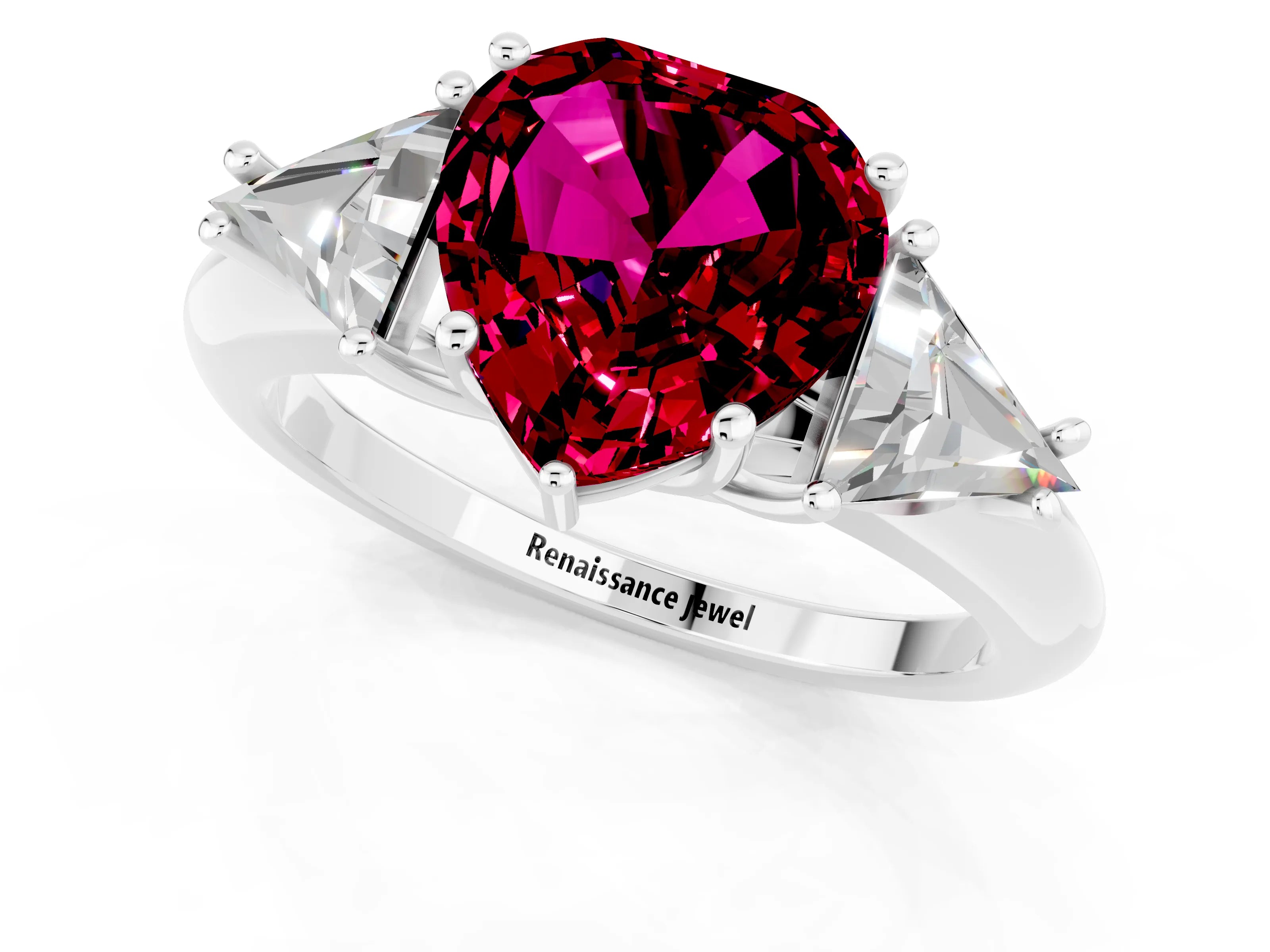 White gold Three-Stone Heart Cut Cut Diamond Ring with Trillion Side Stones and Four-Prong Setting_1