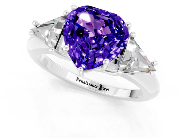 Silver Three-Stone Heart Cut Cut Diamond Ring with Trillion Side Stones and Four-Prong Setting