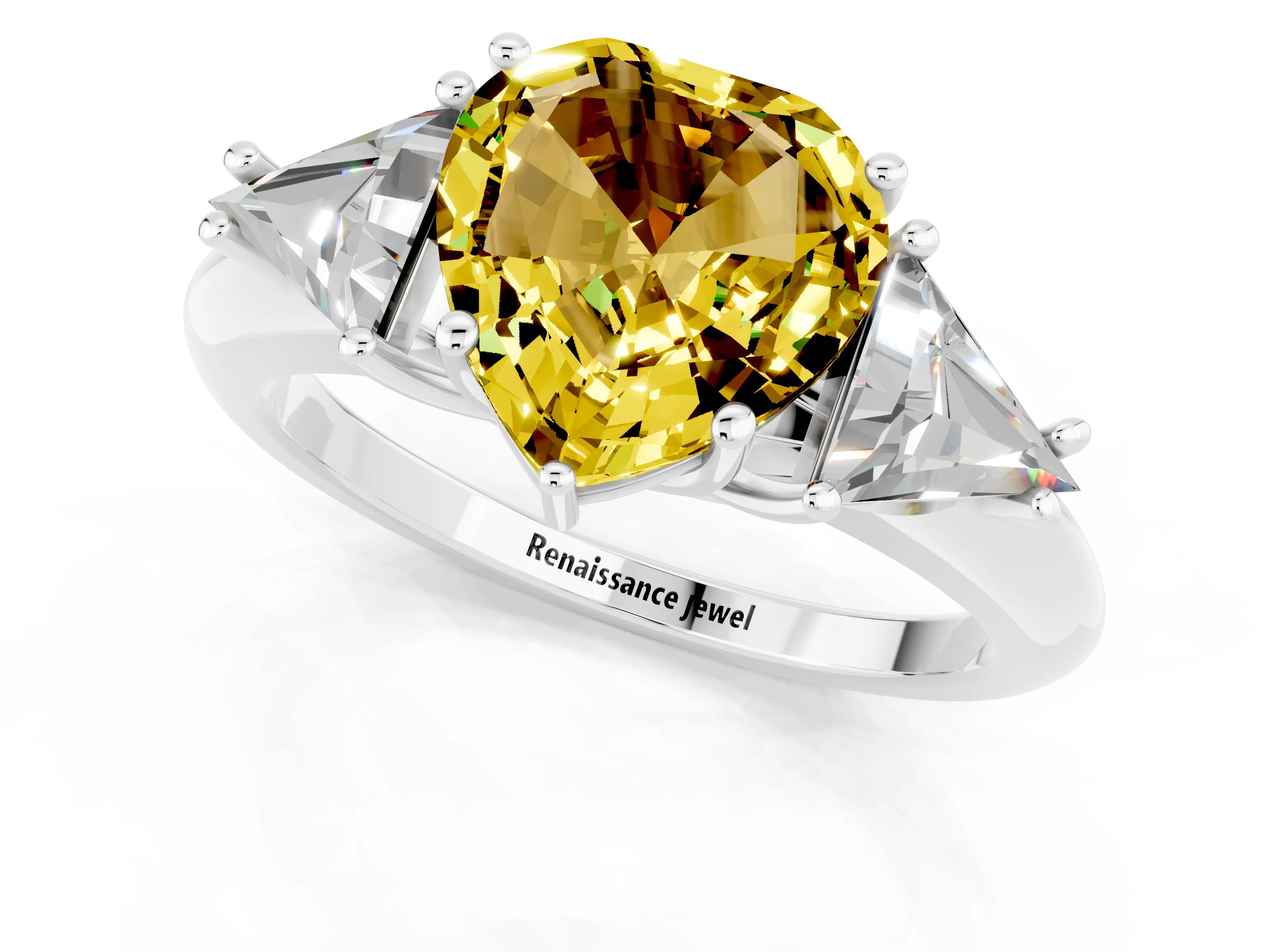 White gold Three-Stone Heart Cut Cut Diamond Ring with Trillion Side Stones and Four-Prong Setting_1