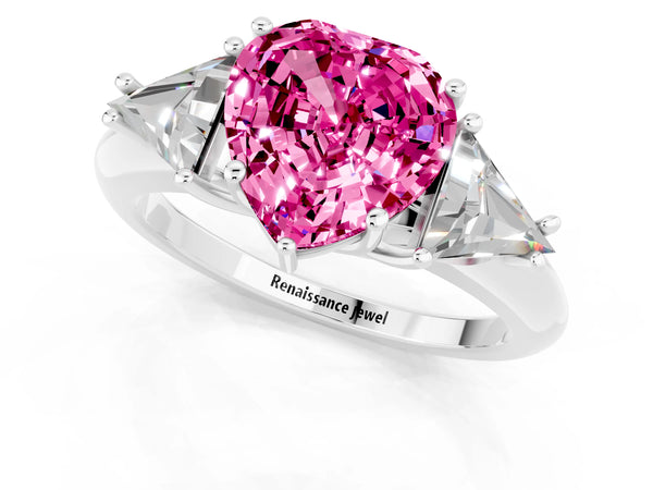 Silver Three-Stone Heart Cut Cut Diamond Ring with Trillion Side Stones and Four-Prong Setting