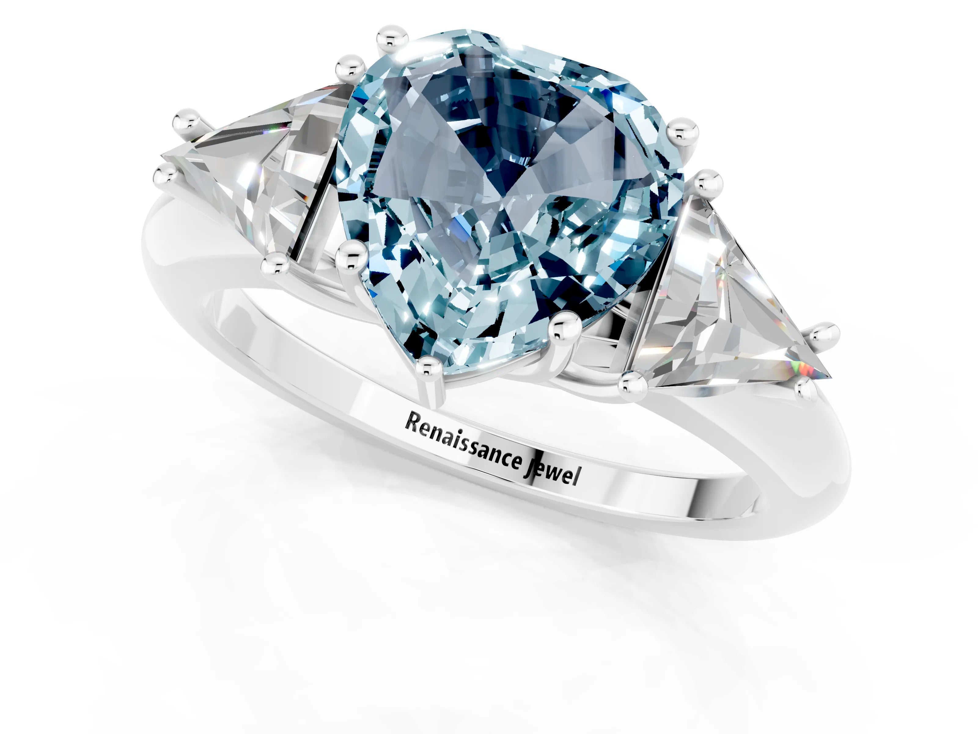 White gold Three-Stone Heart Cut Cut Diamond Ring with Trillion Side Stones and Four-Prong Setting_1