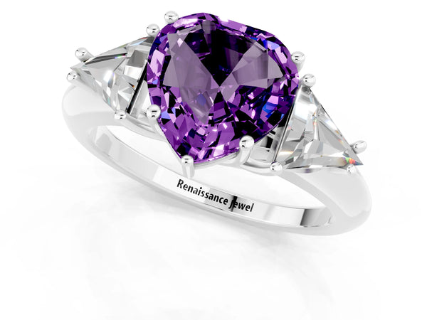 Silver Three-Stone Heart Cut Cut Diamond Ring with Trillion Side Stones and Four-Prong Setting